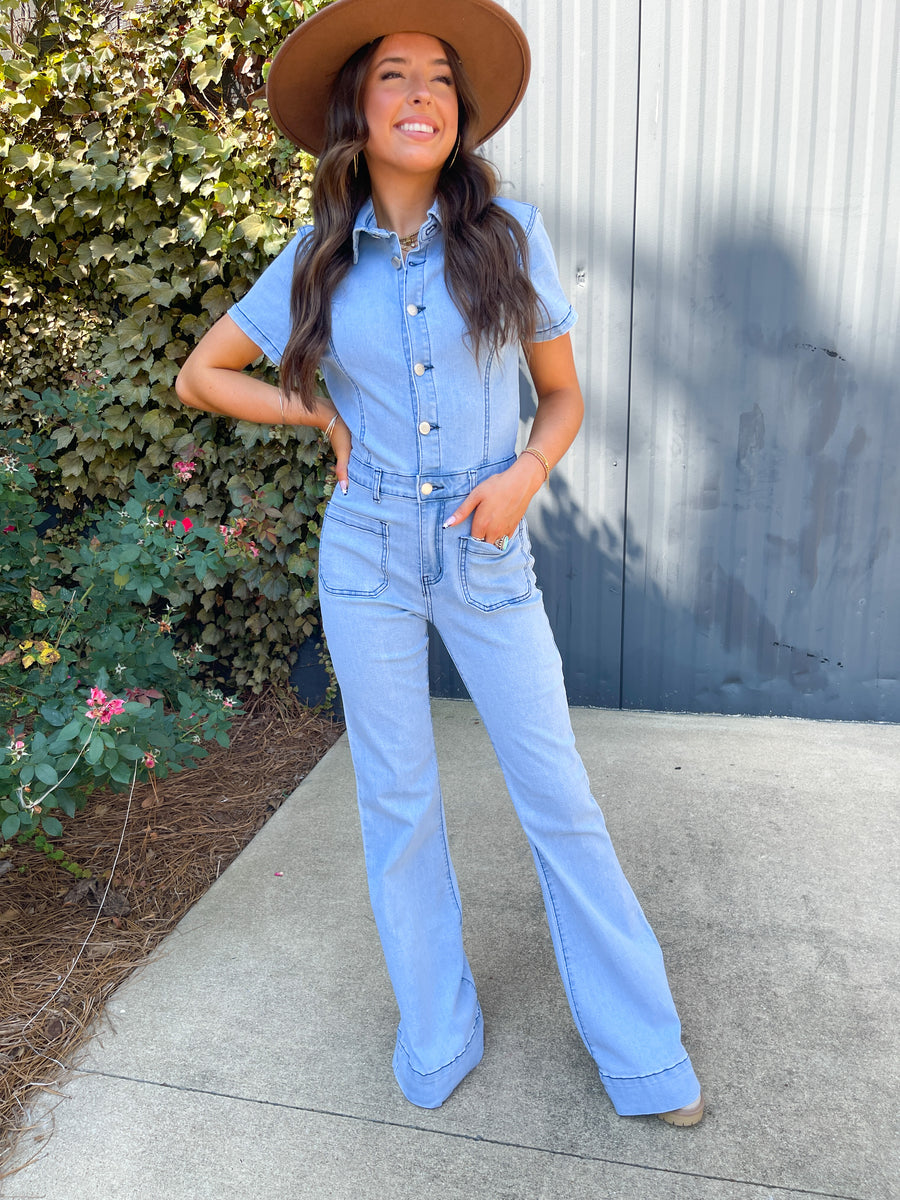 Repeat The Past Flared Denim Jumpsuit (Light Denim)