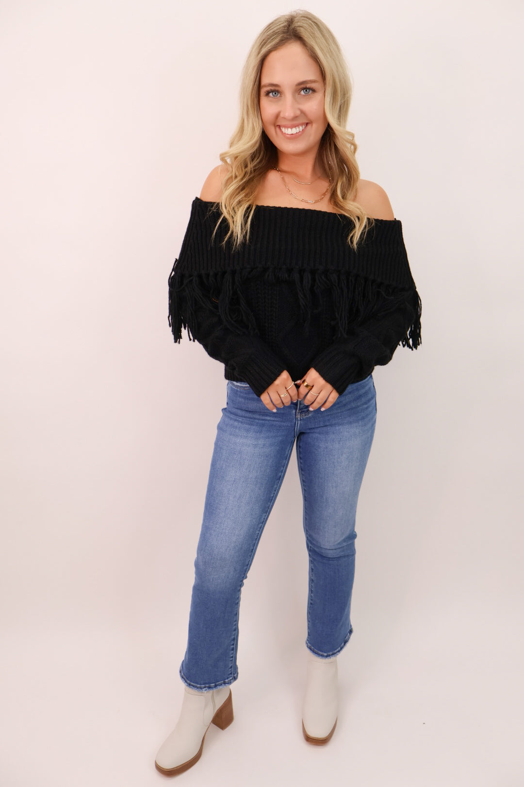 Off shoulder fringe sweater hotsell