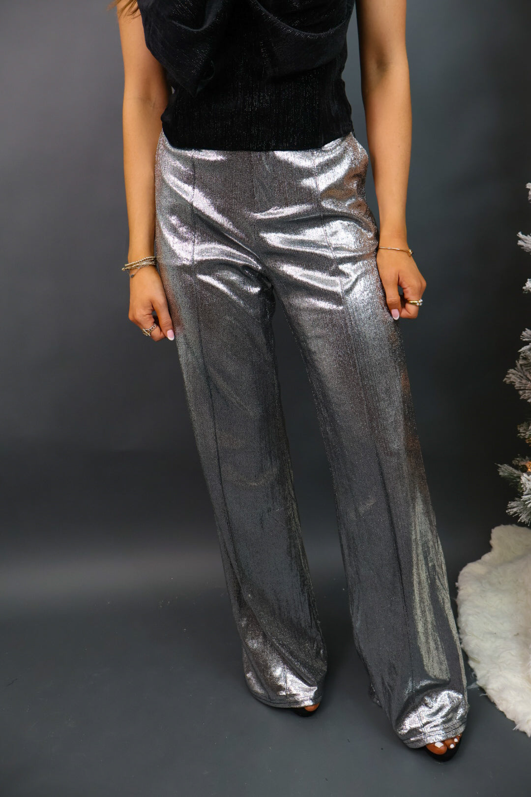 Metallic Silver Wide Leg Pants Moda Boutique